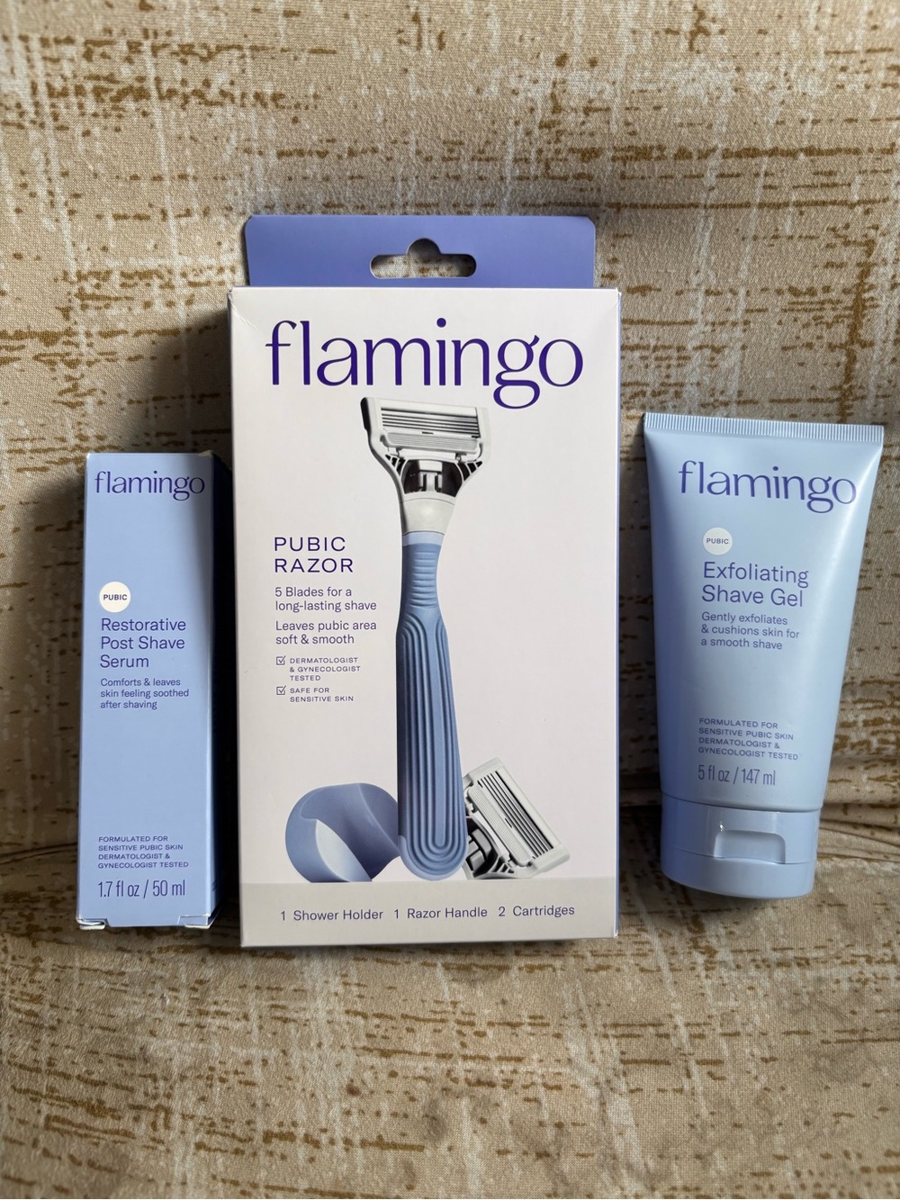 Flamingo Blue Pubic Razor Kit with Exfoliating Shave Gel